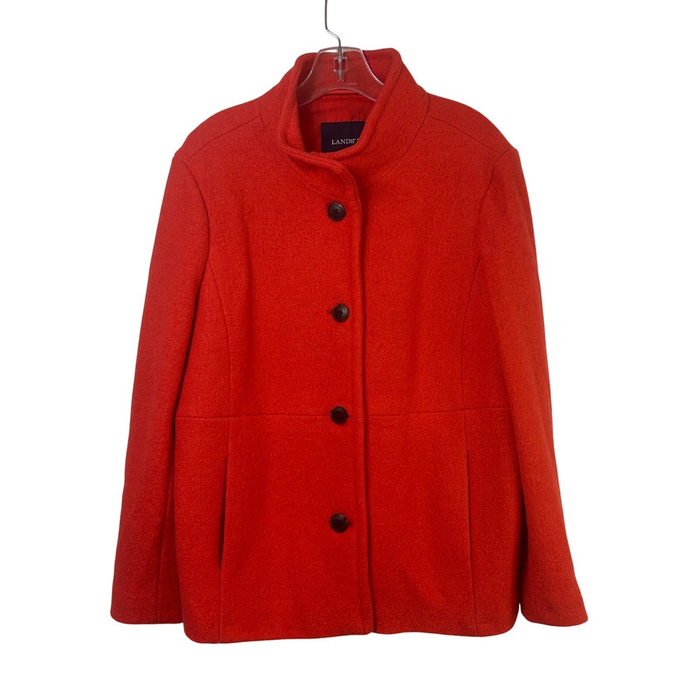 Lands End Womens 16P Red Orange Wool Blend Button Front Stand Collar Car Coat